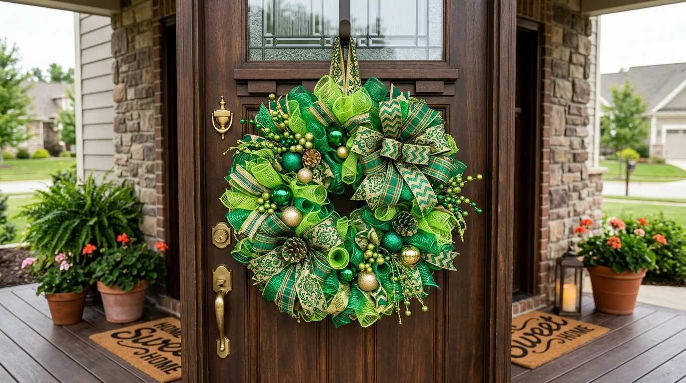 Bold green mesh ribbon wreath